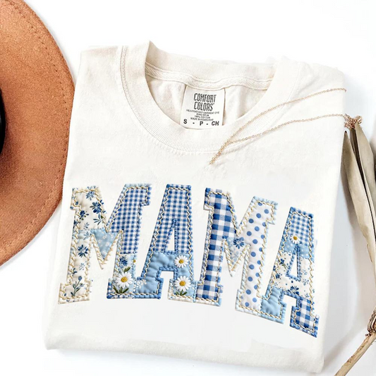 Comfort Colors Mama Patchwork T Shirt – Floral Blue Quilt Applique Mom Crewneck Pullover, Faux Embroidered Mimi Shirt Design