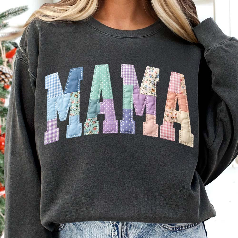 Mama Patchwork Sweatshirt for Women, Faux Embroidered Mimi Shirt Design, Cute Mother’s Day Gift for Mama Patchwork Sweatshirt for Women