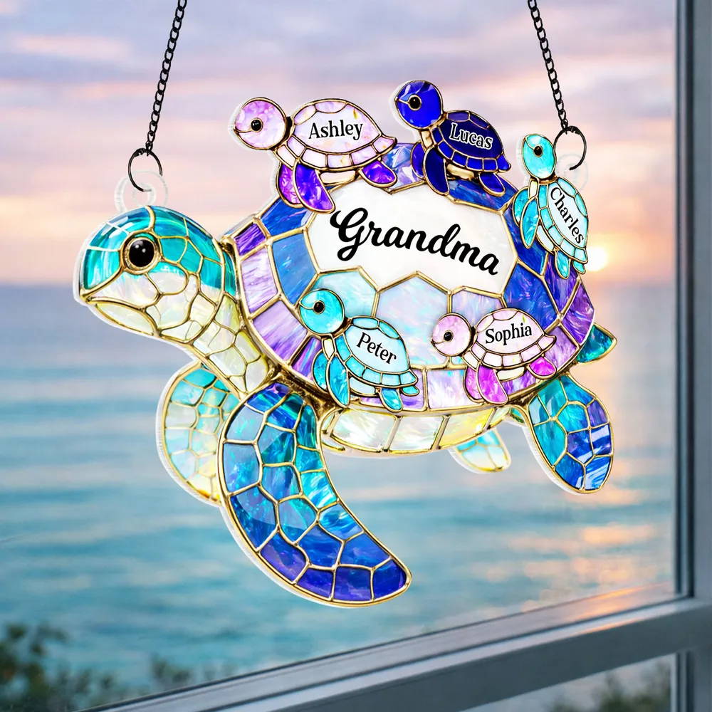 Custom Mom Grandma Sea Turtle Suncatcher Ornament, Personalized Mother's Day Gift with Kids Names