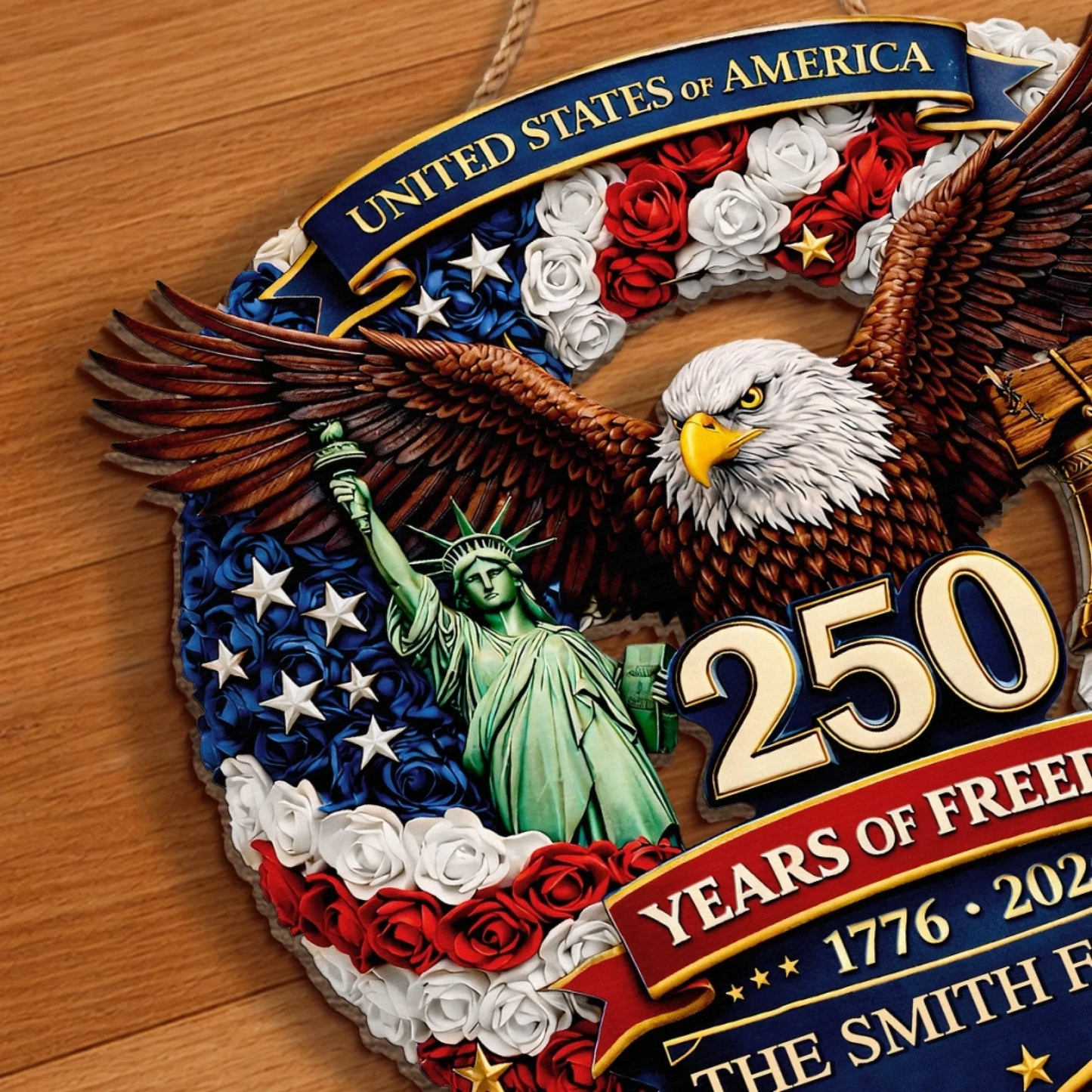 250 Years of Freedom American Eagle Wood Sign, Personalized Family Name, Patriotic USA 1776-2026 Decoration