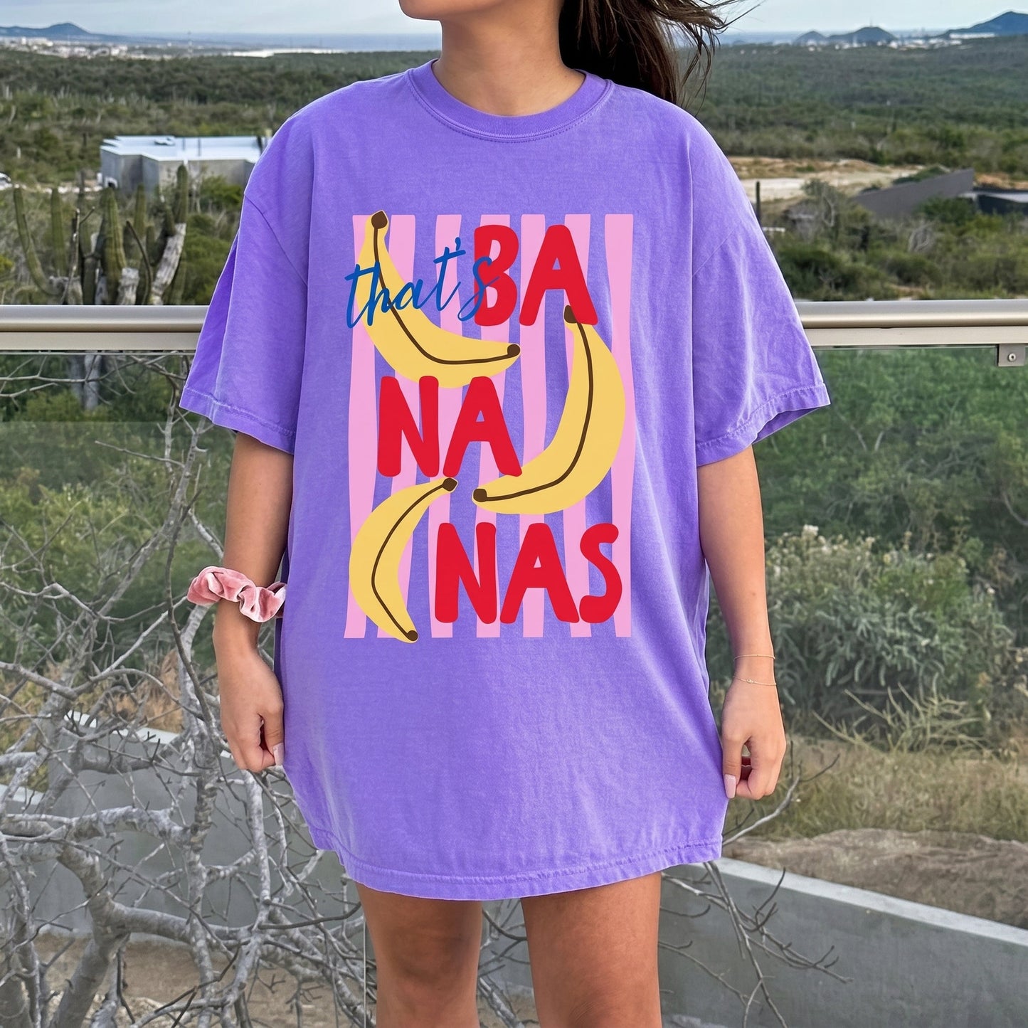 That's Bananas Shirt, Personalized Fruit Graphic T-Shirt, Trendy Y2K Aesthetic Sand Tee, Cute Banana Pink Striped Summer Top, Fun Quirky Gift
