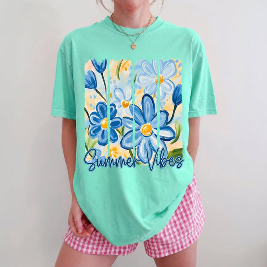 The Summer Vibes Painted Blue Daisy Graphic TShirt