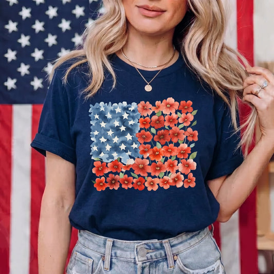 The Watercolor Floral American Flag Graphic TShirt