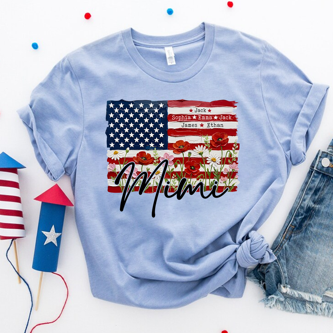 Personalized Patriotic USA Flag Floral Mimi T-shirt, Custom Family Names T Shirt, Perfect for Nana, Gigi, Grandma