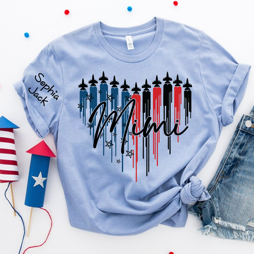 Personalized Mimi Patriotic Jet Heart USA Graphic Tee, Custom Family Nickname Shirt for 4th of July, Gifts for Mother's Day, Birthday