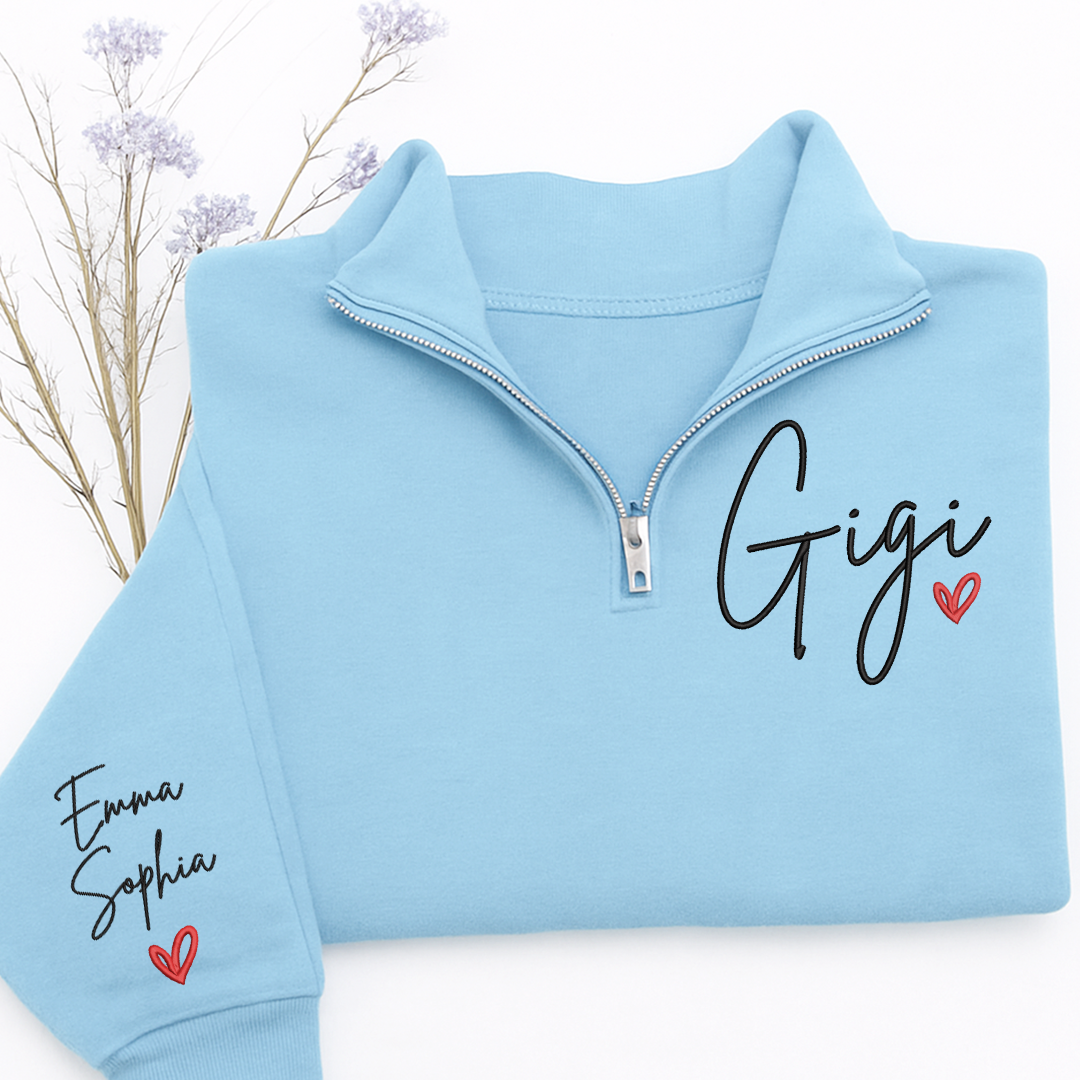 Embroidered Gigi heart Sweatshirt And Grandkids Quarter Zip Sweater