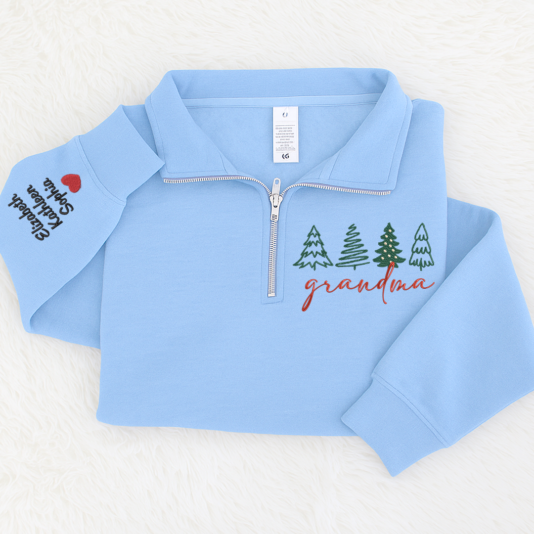 Grandma Tree Merry Christmas Sweatshirt, Grandma And Grandkids Embroidered Quarter Zip Sweater