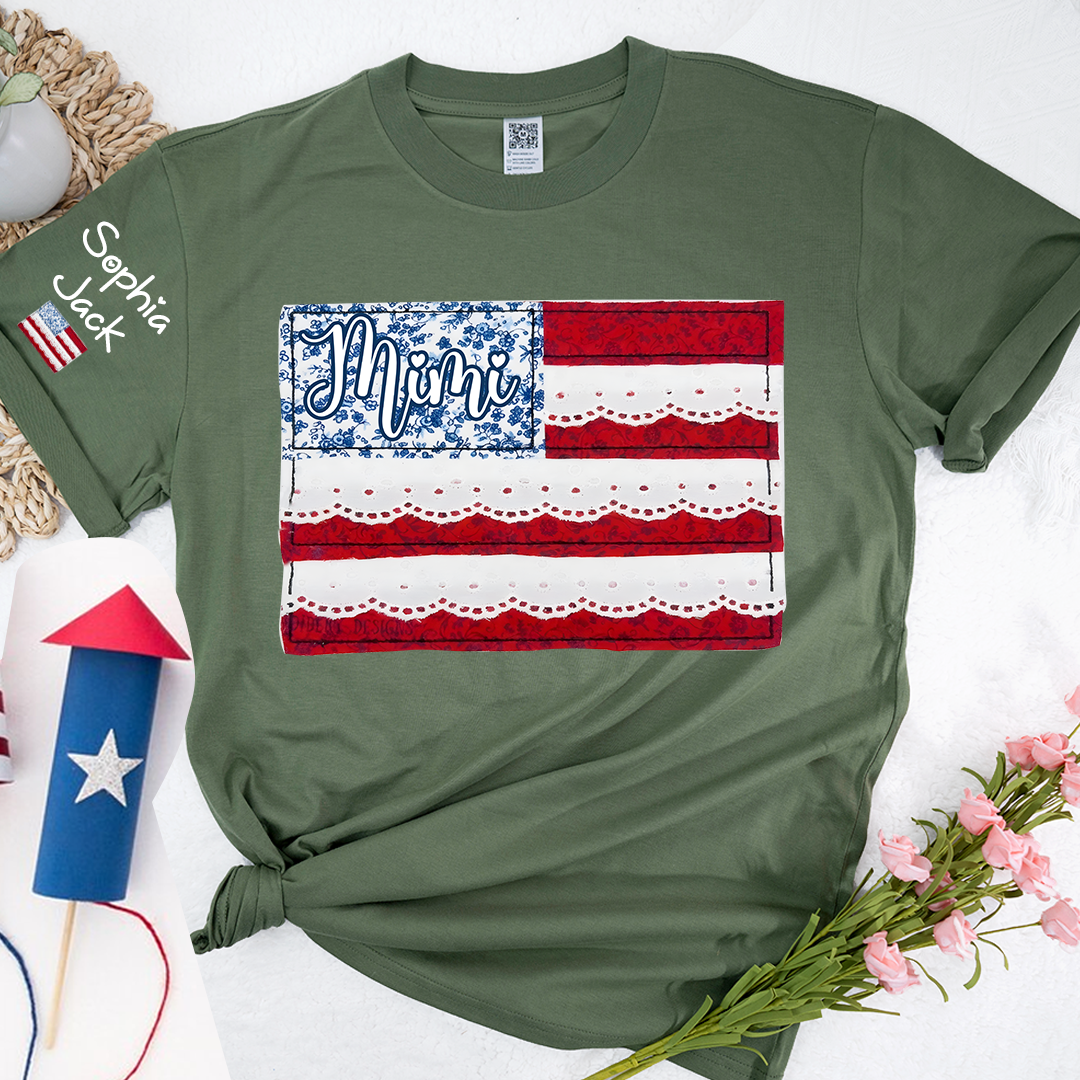 Personalized Mimi Patchwork USA Flag Shirt with Lace Details, Custom Family Name, 4th of July Independence Day T-shirt