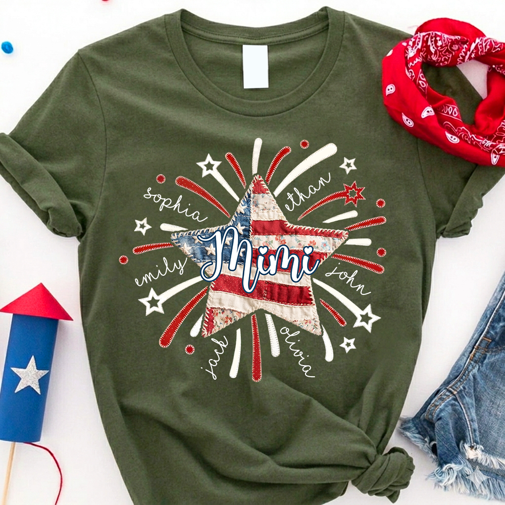 Personalized Mimi Patriotic Patchwork Star Shirt Custom Kids Names, American Flag Fireworks Graphic T Shirt for Grandma Nana Gigi, 4th of July Family Gift