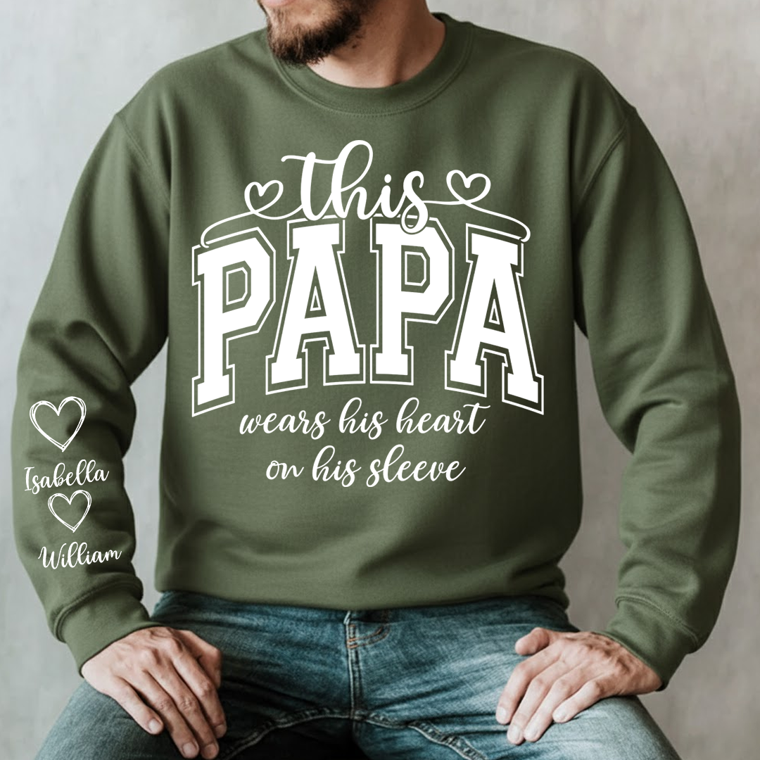 This Papa Wears His Heart On His Sleeve Shirt with Grandkids’ Names, Custom Gift for Grandpa And Kids, Papa Gift Sweatshirt