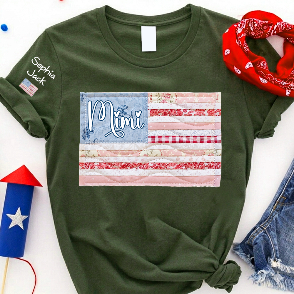 Personalized Mimi Patriotic Patchwork Flag Shirt with Custom Kids Names on Sleeve, Vintage Family Grandma Tee for Women, 4th of July Birthday Shirt