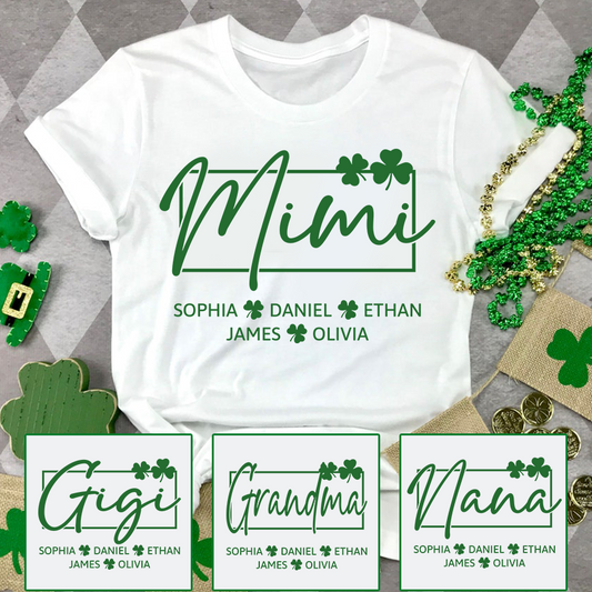 Personalized Gigi Shirt St Patricks Day Shamrock Design, Custom Grandma Shirt With Kids Names