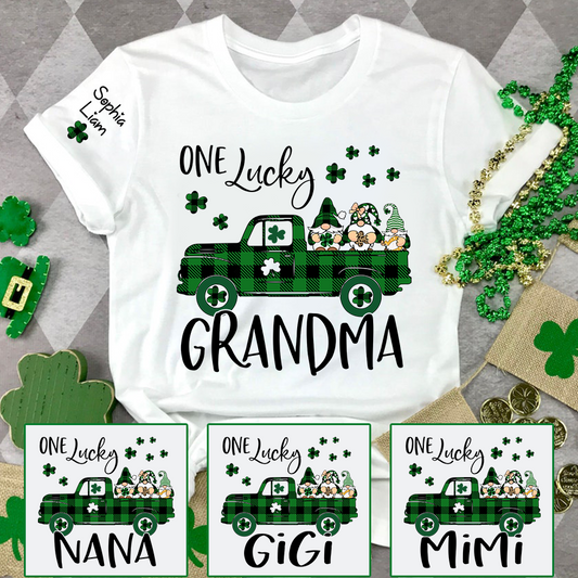 One Lucky Grandma Shirt, Personalized St Patrick’s Day Grandma Shirt With Shamrock Truck Design