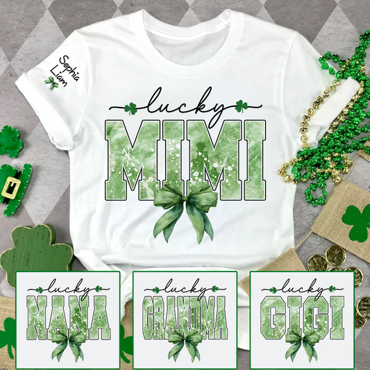 Lucky Mimi Shirt for St Patrick’s Day, Custom Name Grandma T Shirt with Shamrocks, Personalized Mimi Family Shirt
