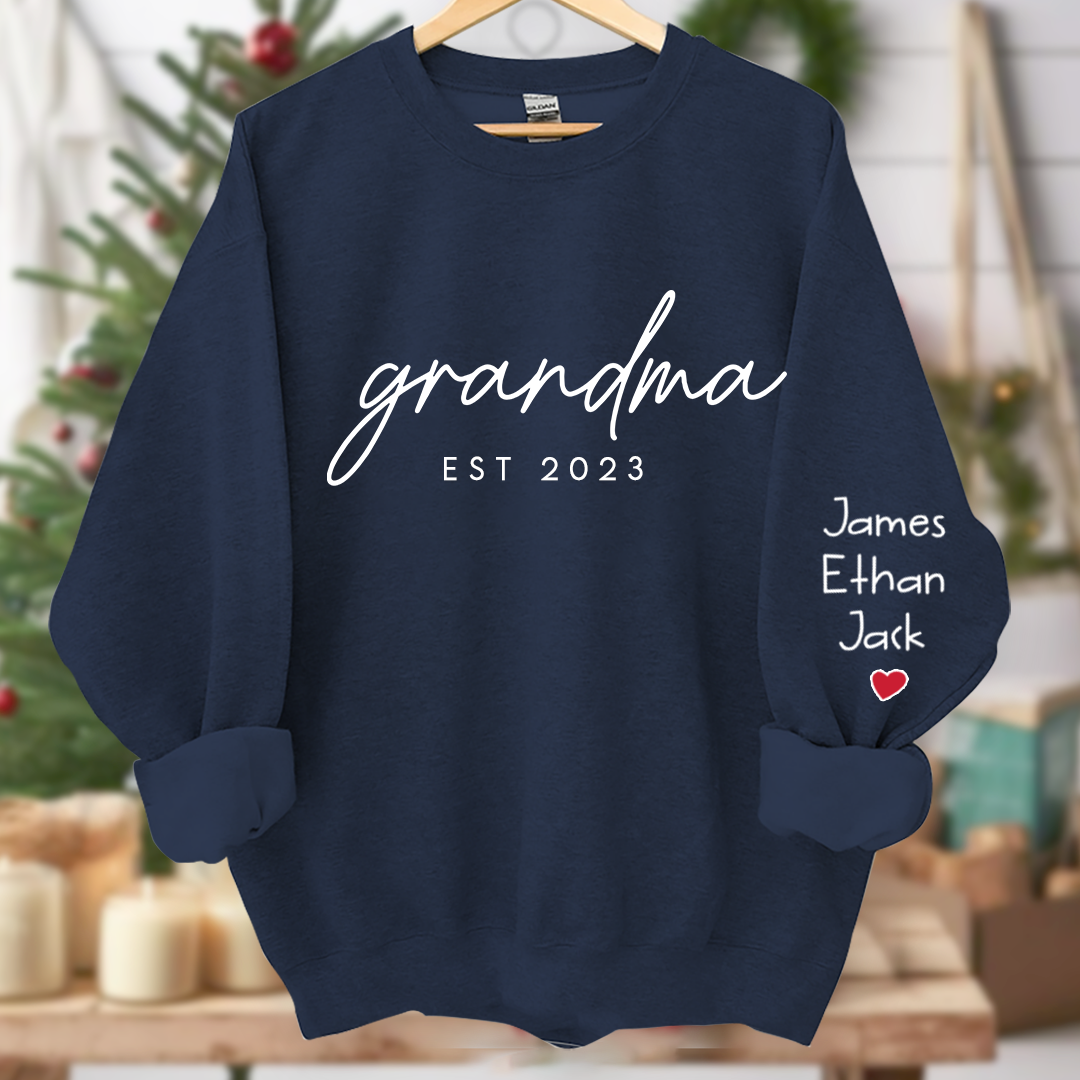 Personalized Grandma Est Sweatshirt, Custom Grandma and Grandkids Name On Sleeve Sweatshirt, Mother's Day Gift For Mom Grandma Mimi Nana Gigi Grammy