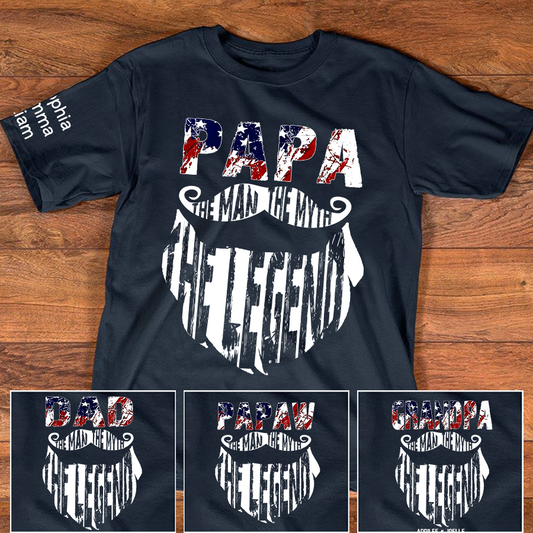 Papa The Man The Legend Shirt, Personalized Dad Grandpa Tee with Kids Names, Patriotic USA Flag Design T-Shirt for Father Birthday 4th of July