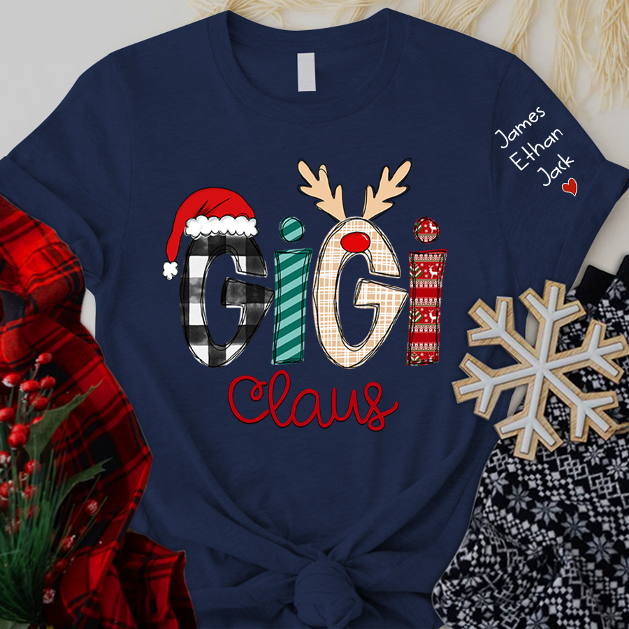 Personalized Gigi Claus Shirt With Names On Sleeve, Custom Grandma Mimi Nana Gigi Claus Christmas T-Shirt