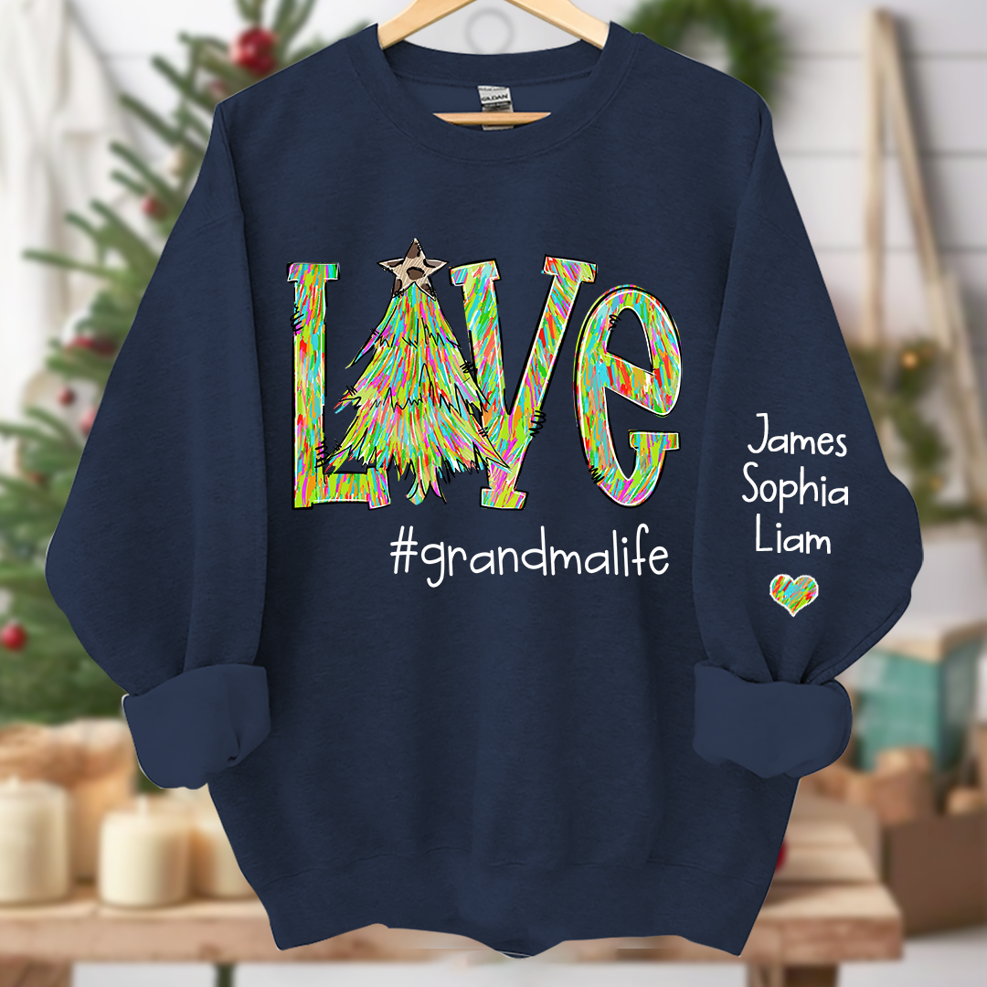 Love Tree Color Leopard Print Merry Christmas Grandmalife and Grandkids on sleeve Sweatshirt