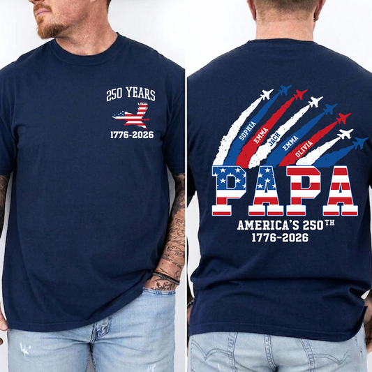 Personalized Papa 250 Years Shirt, Custom Kids Names Airplane Shirt, Patriotic American Flag Papa Tee, Grandpa Fathers Day Shirt, 4th of July Family Gift 1776 2026