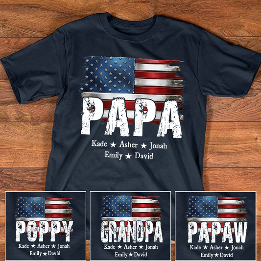 Personalized Papa Shirt Custom Kids Names Patriotic USA Flag, Custom Family Nickname for Dad Grandpa Birthday Father's Day Gift