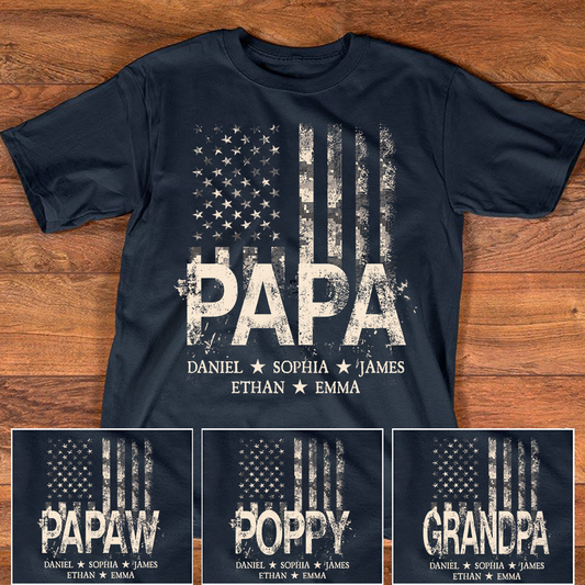 Personalized Papa American Flag Shirt, Custom Kids Names Patriotic T Shirt for Dad Grandpa, U.S. 250th Anniversary 4th of July Birthday Gift