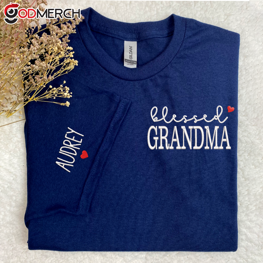 Godmerch Blessed Grandma And Kids Embroidered T-shirt