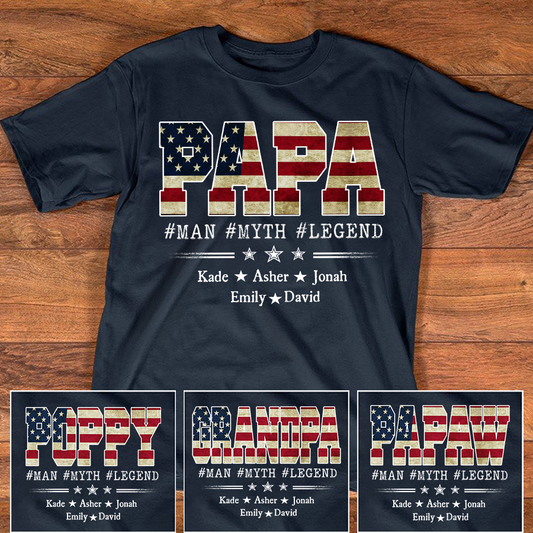 Papa Man Myth Legend Shirt, Custom Family Name Shirt, Patriotic Papa T-shirt, Personalized Father's Day Gift, Gift for Dad, Grandpa Shirt, Custom Name Tee