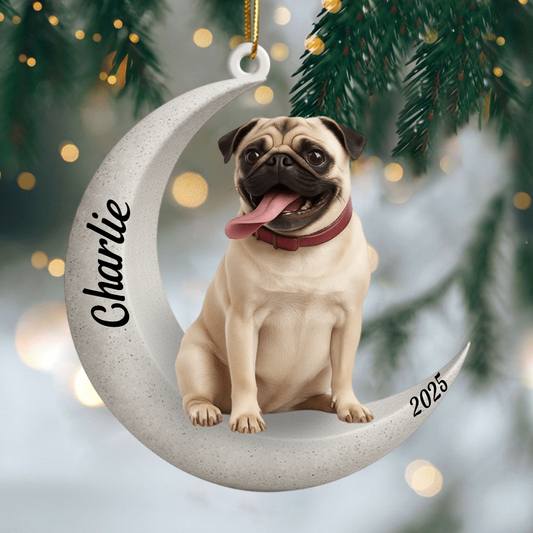 Custom Pug On The Moon Ornament 2025, Custom Double-Sided Acrylic Decoration, Unique Christmas Gift For Dog Lovers Ornament