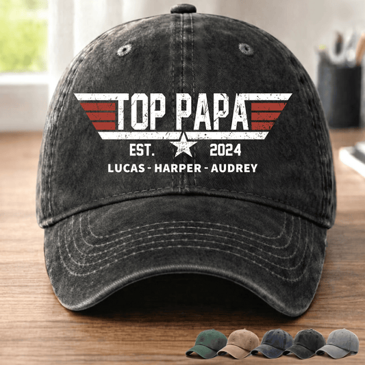 Personalized Gift Top Papa, Grandpa's Birthday, Father's Day Gift Trend, Personalized Custom Vintage Washed Denim Cap