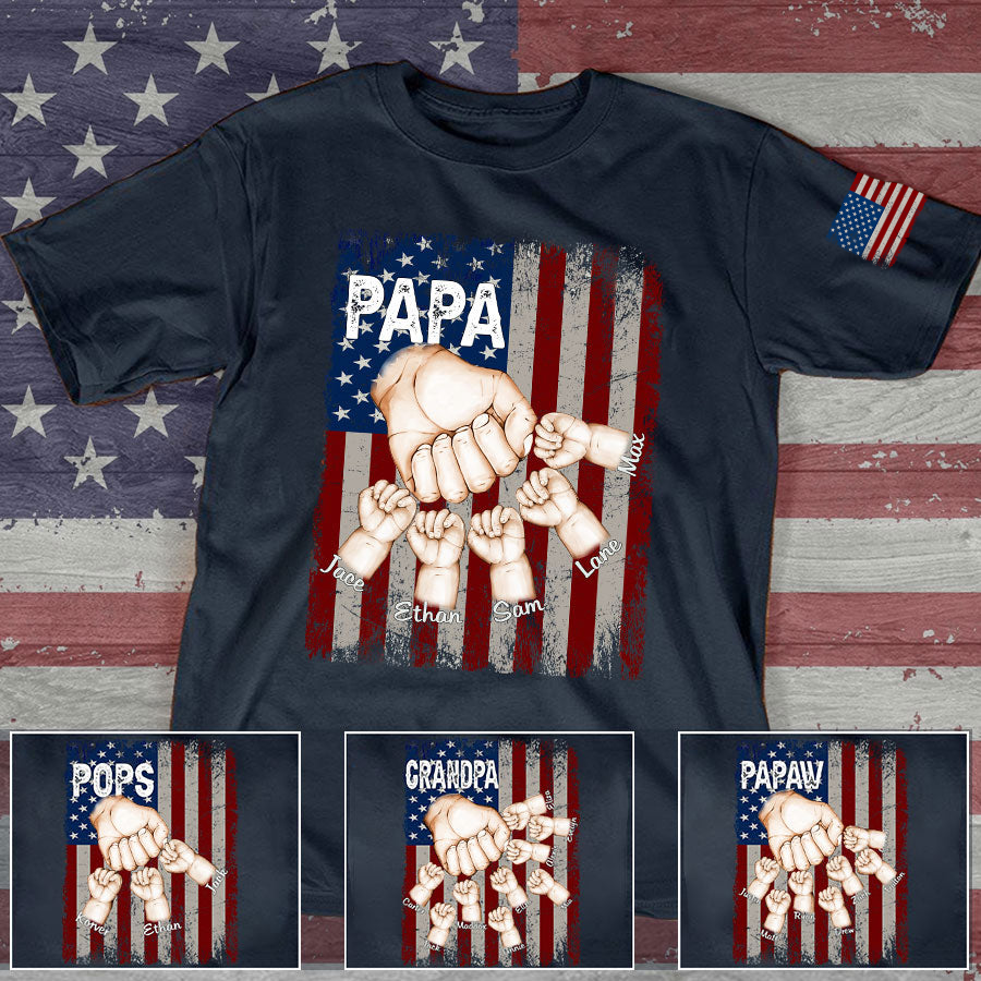 Custom Papa Flag With Hands Grandkids Shirt