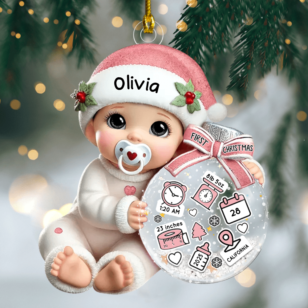 Baby Beside Christmas Bauble – 3D Effect Baby’s First Christmas Personalized Acrylic Flat Ornament, Custom Holiday Keepsake Gift for Newborns Ornament