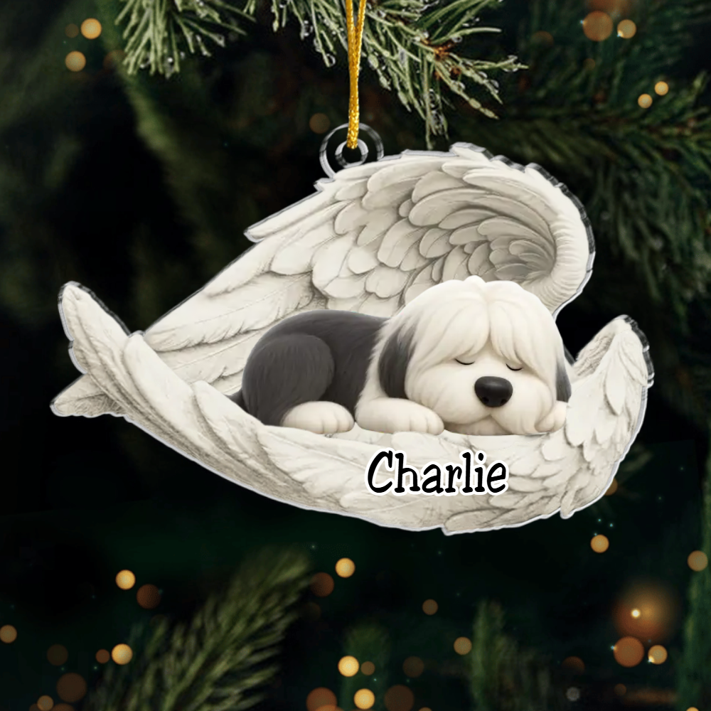 Custom Old English Sheepdog Angel Ornament – Personalized Sleeping Dog Christmas Gift for Dog Lovers, Pet Memorial Tree Decoration Ornament