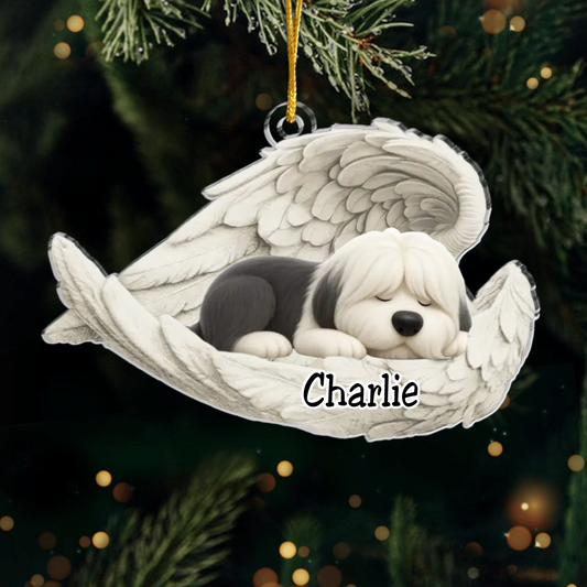 Custom Old English Sheepdog Angel Ornament – Personalized Sleeping Dog Christmas Gift for Dog Lovers, Pet Memorial Tree Decoration Ornament