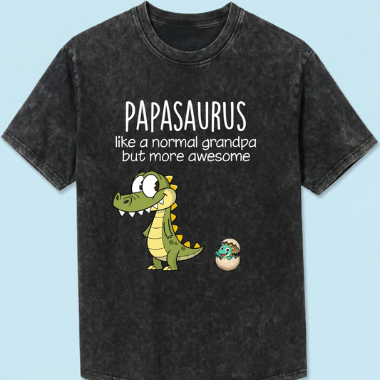 Personalized Papasaurus Mineral Wash T Shirt, Custom Grandpa Dinosaur Tee with Grandkids Names, Father's Day Apparel for Papa