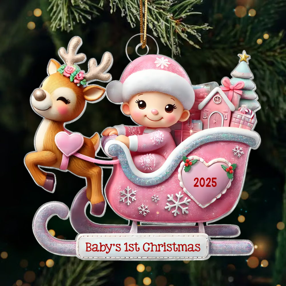 Personalized Baby’s First Christmas Ornament 2025 – Custom Name Reindeer Sleigh Ornament for Newborn Boys & Girls