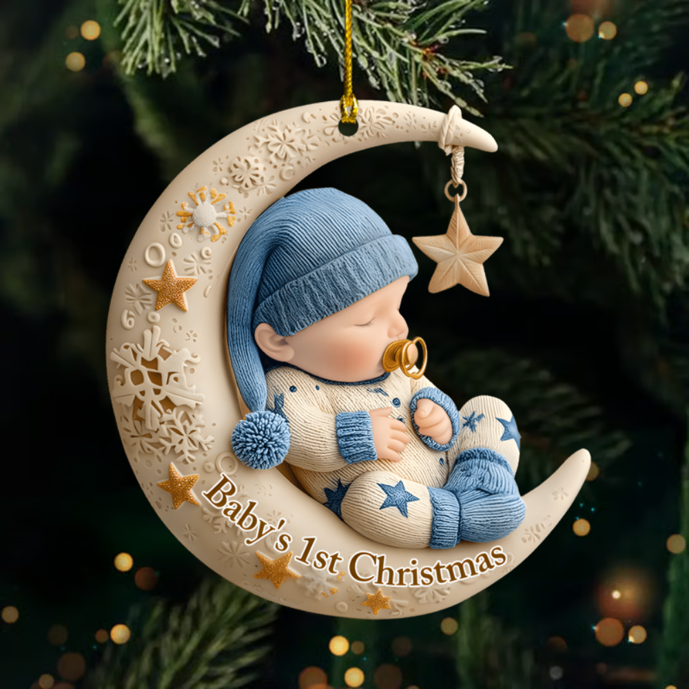 Personalized Baby’s 1st Christmas Ornament 2025 – Custom Name Sleeping Baby on Moon Ornament, Newborn Keepsake Gift for Boys & Girls Ornament
