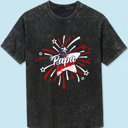Personalized Papa Fireworks Mineral Wash T Shirt, Custom Grandkids Names Patriotic Tee, Fourth of July Grandpa Apparel