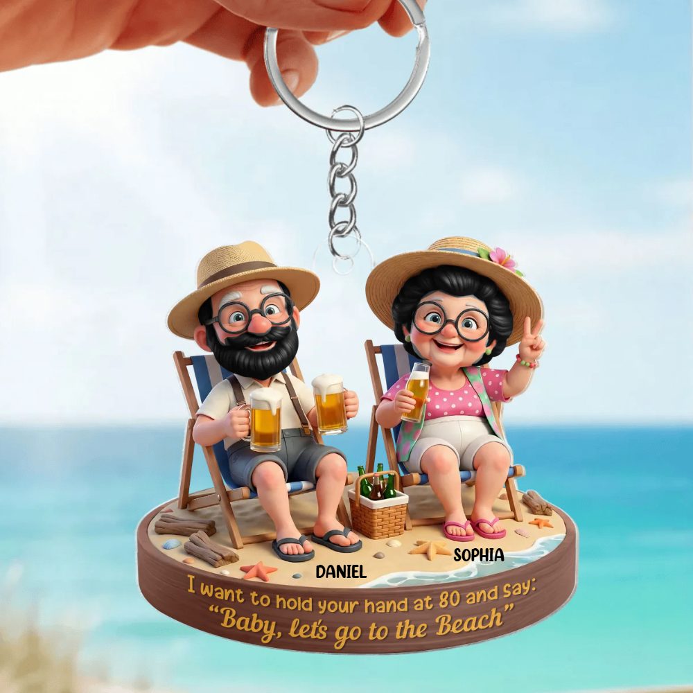 Personalized Elderly Couple Beach Keychain With Names, Funny Grandparents Custom Keepsake Ornament