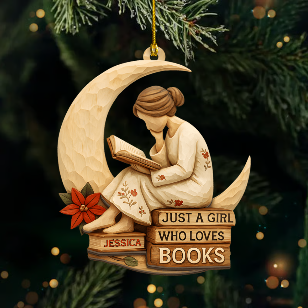 Personalized Book Lover Ornament – Custom Name Reading Girl on Moon Christmas Decoration 2025 Ornament