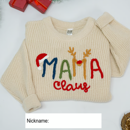 Custom Hand-Embroidered Christmas Knitted Sweater – Personalized Gigi Claus Sweater with Festive Design