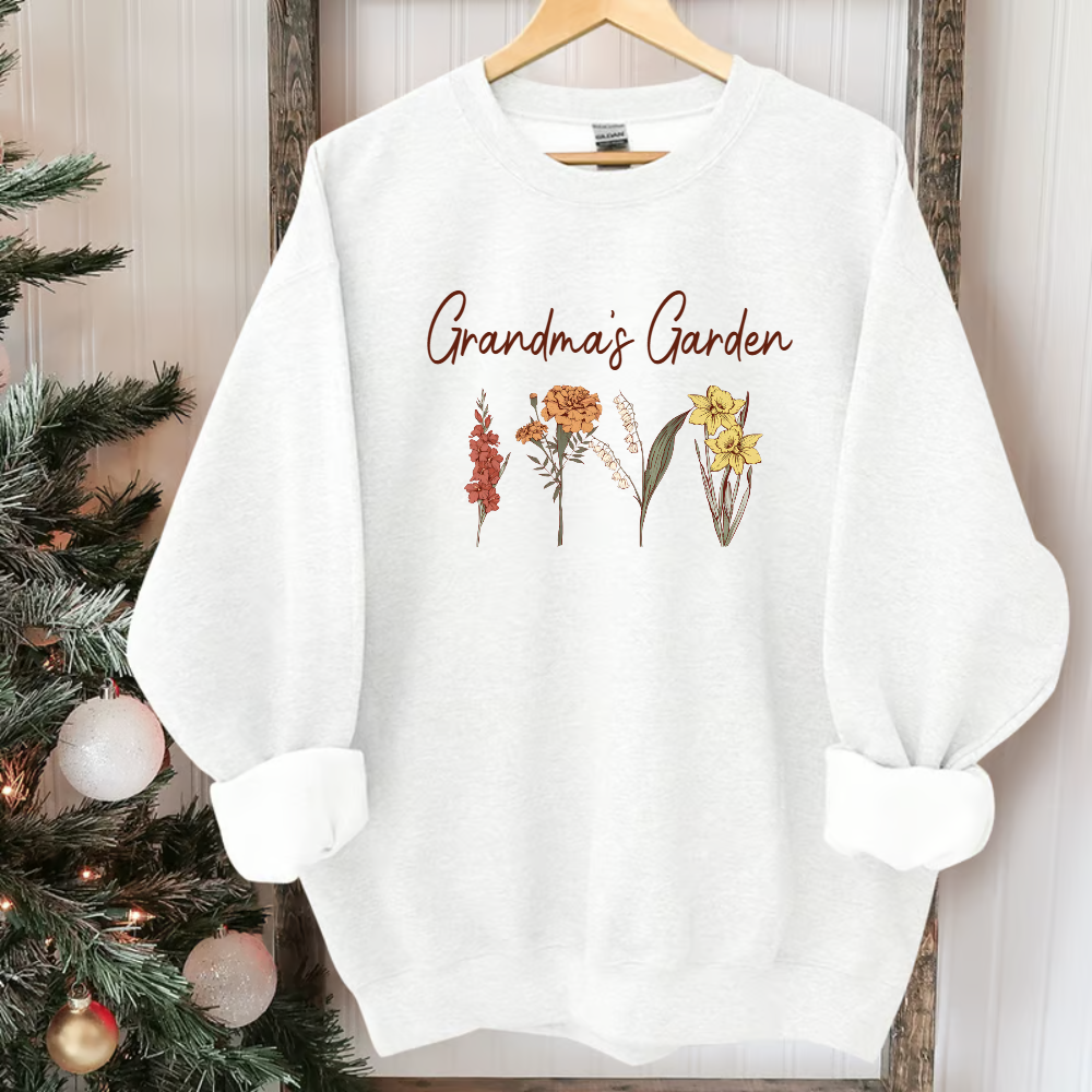 Grandma's Garden Sweatshirt, Custom Birthflower Sweatshirt, Gift for Grandma, Love Grows Here, Mom's Garden