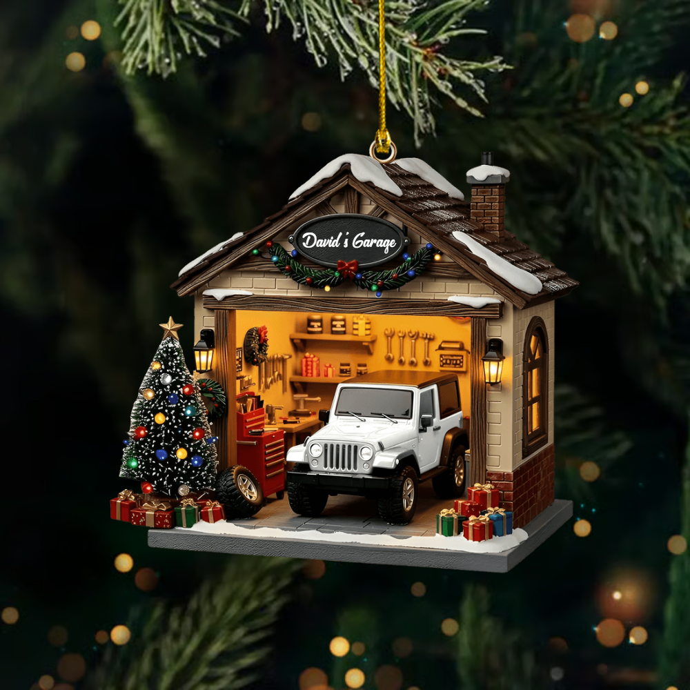 Personalized Garage Ornament – Custom Name Jeep Garage Christmas Decoration, Perfect Gift for Car Lovers Ornament