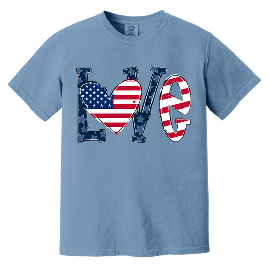 Personalized Grandma Life T-Shirt - LOVE American Flag Heart Design - Custom Grandkids’ Names - USA Patriotic Gift for Proud Grandmothers - Soft Comfort Colors Tee