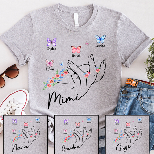 Personalized Mimi Shirt with Kids Names and Butterflies – Custom Grandma Gift with Hand Holding Design