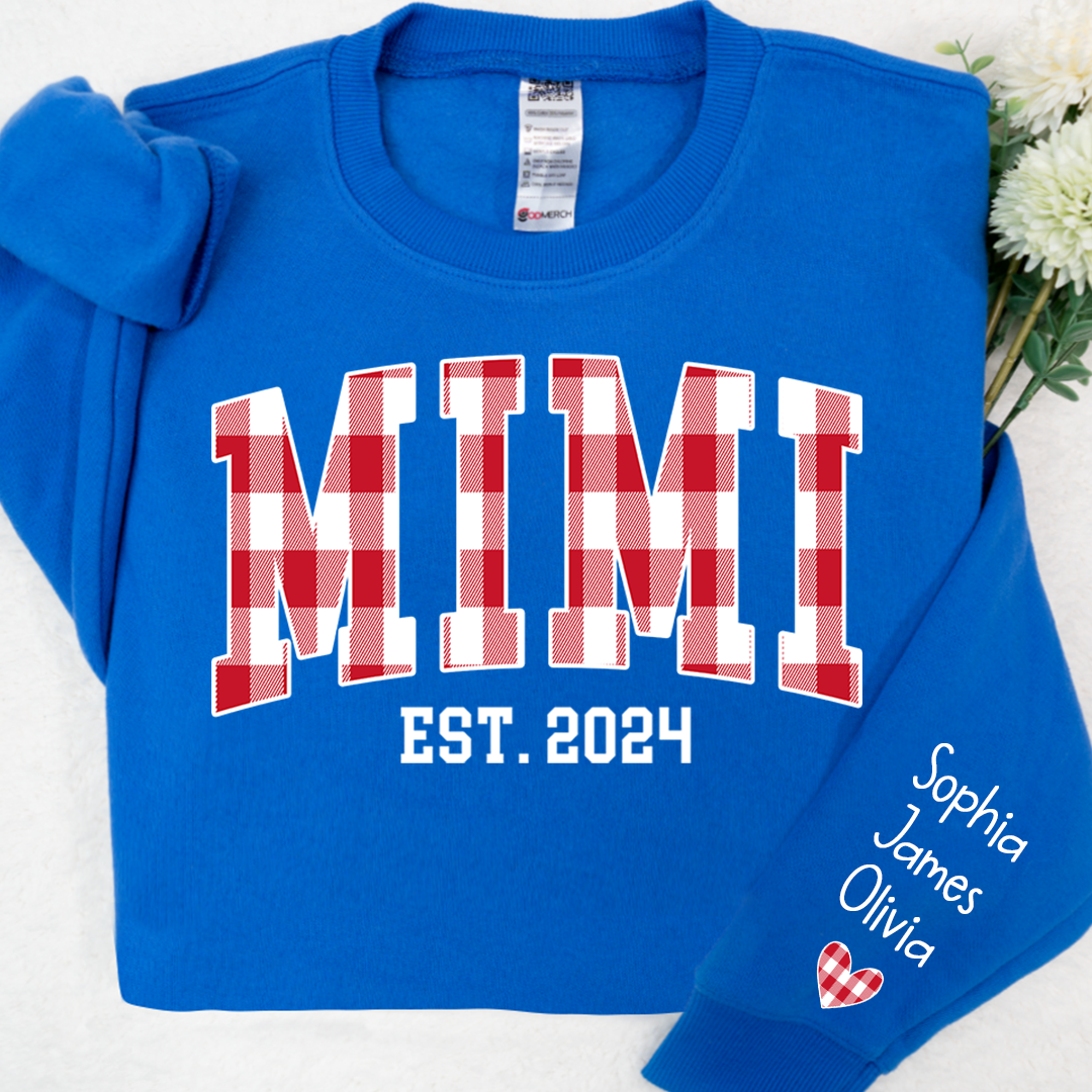 Personalized Nickname Mimi Buffalo Plaid And GrandKids Names Christmas 2024 Sweatshirt