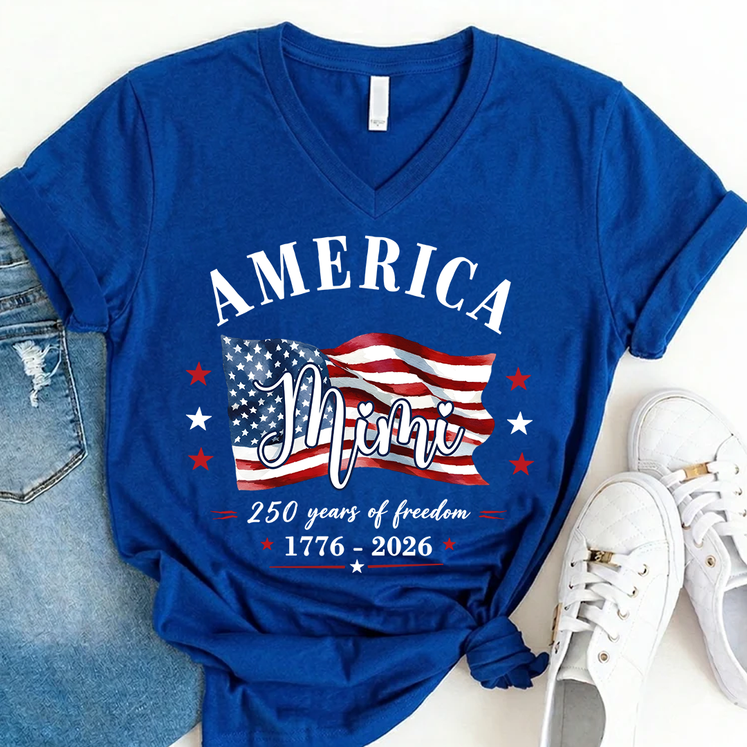 Personalized Mimi America 250 Years of Freedom V-Neck Shirt, Patriotic American Flag Shirt, 1776 2026 USA Celebration, Independence Day Birthday Gift for Mimi Nana Gigi