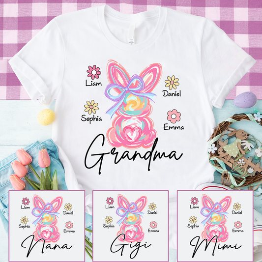 Custom Grandma T Shirt Bunny Design, Personalized Floral Shirt With Children Names