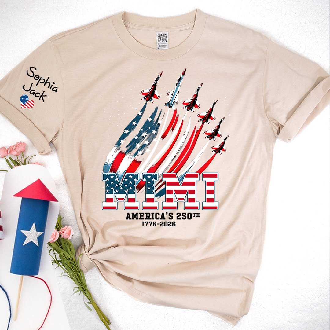 Personalized Mimi America’s 250th Anniversary Shirt, Custom Grandma Nana Gigi Patriotic T Shirt, USA Flag 4th of July Family Apparel