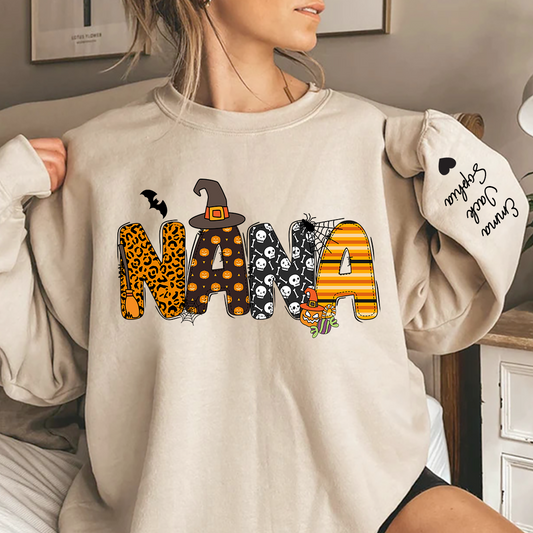Personalized Halloween Nana Pumpkin Doodle Letters Design And Grandkids Sweatshirt