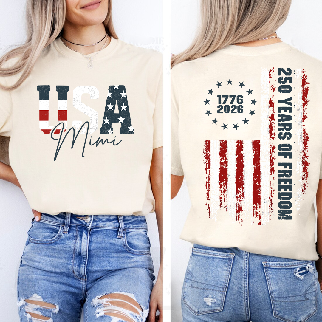 Personalized Mimi USA Flag Shirt, Custom Patriotic Grandma Shirt, 250 Years of Freedom, U.S. 250th Anniversary, 4th of July Independence Day Shirt